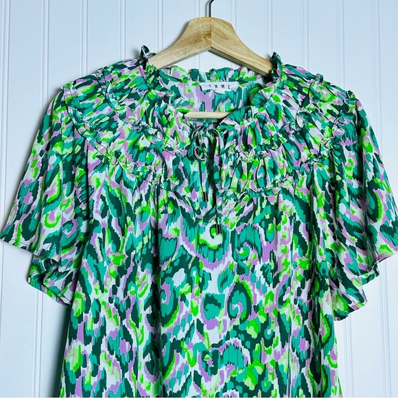 Anthropologie THML Vibrant Green and Purple Blouse Sz L Bohemian Feminine Casual - Picture 3 of 9